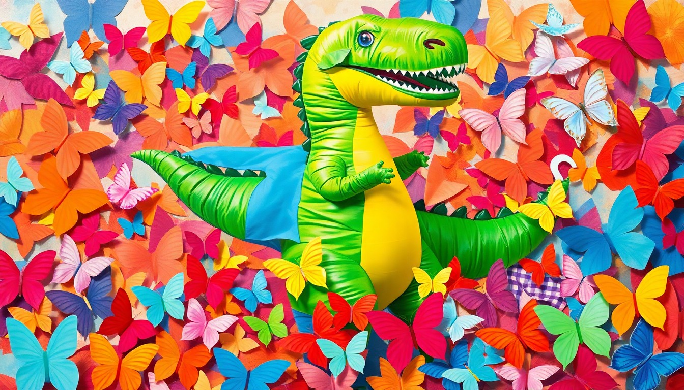 A colorful, fragmented painting depicting an inflatable dinosaur costume and paper-mâché butterflies, conceptually representing the energy and diversity of the 'No Kings' protest against the Trump administration.