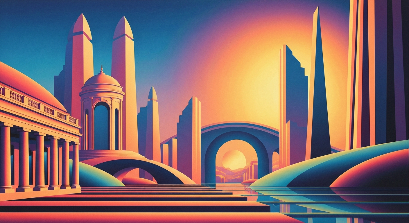 A bold, geometric illustration featuring sweeping, smooth gradients in shades of blue, green, and gold, with towering, streamlined forms suggesting the grand scale and romance of a historic golf resort.