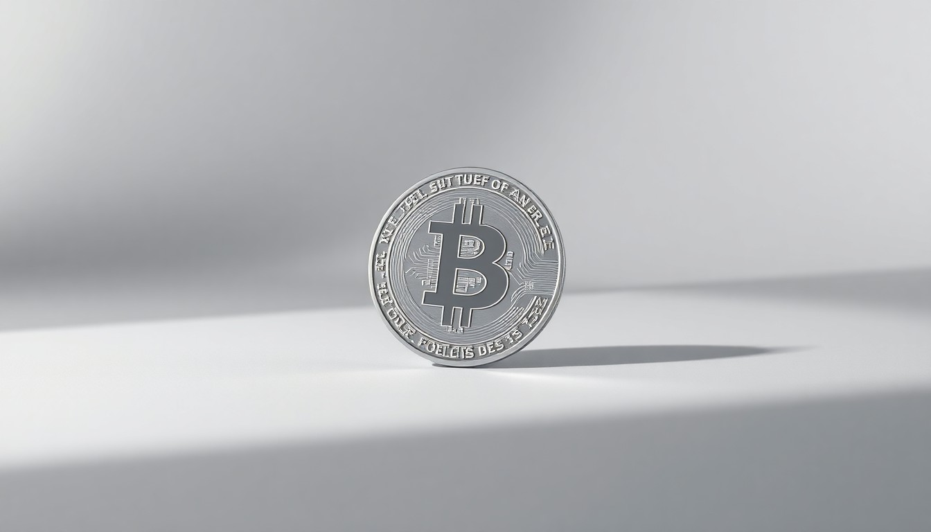 A close-up, photorealistic image of a sleek, metallic cryptocurrency token or blockchain hardware device floating on a plain white background, lit dramatically to create sharp shadows and highlight the object’s premium design and materials.