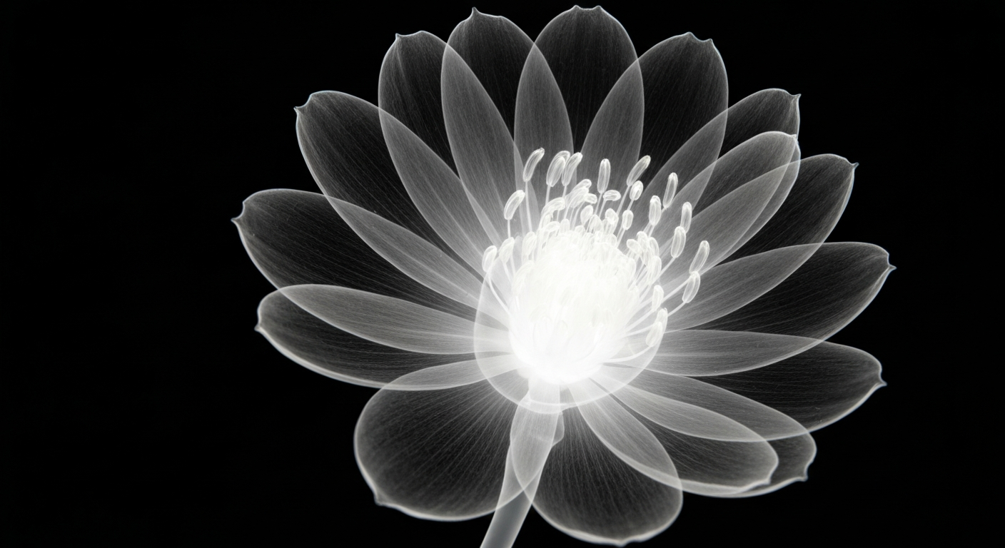 An ethereal, ghostly X-ray image of the internal structure of a flowering plant, conveying the unseen forces behind worsening allergy seasons.