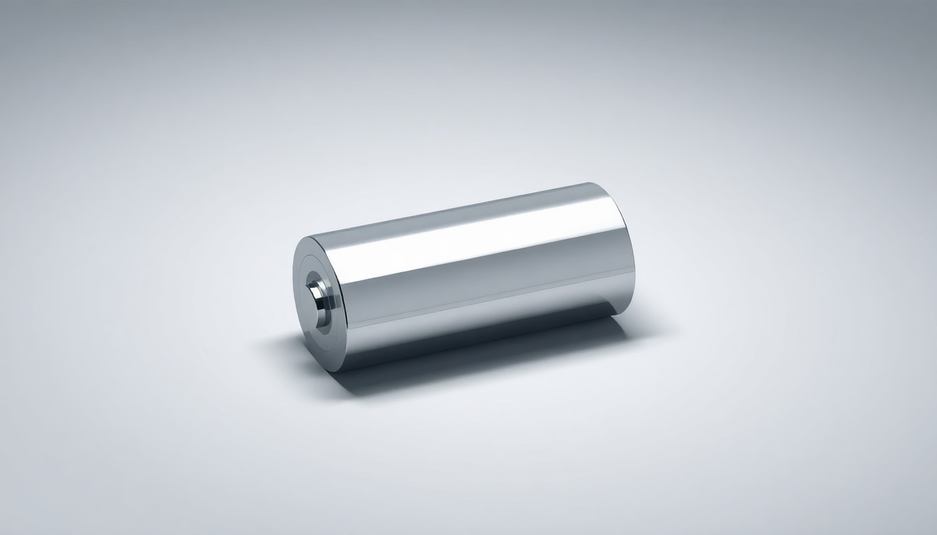 A highly detailed, photorealistic studio photograph of a polished, geometric lithium battery cell resting on a clean, monochromatic background, conceptually representing the advanced materials and technology driving the future of sustainable energy.