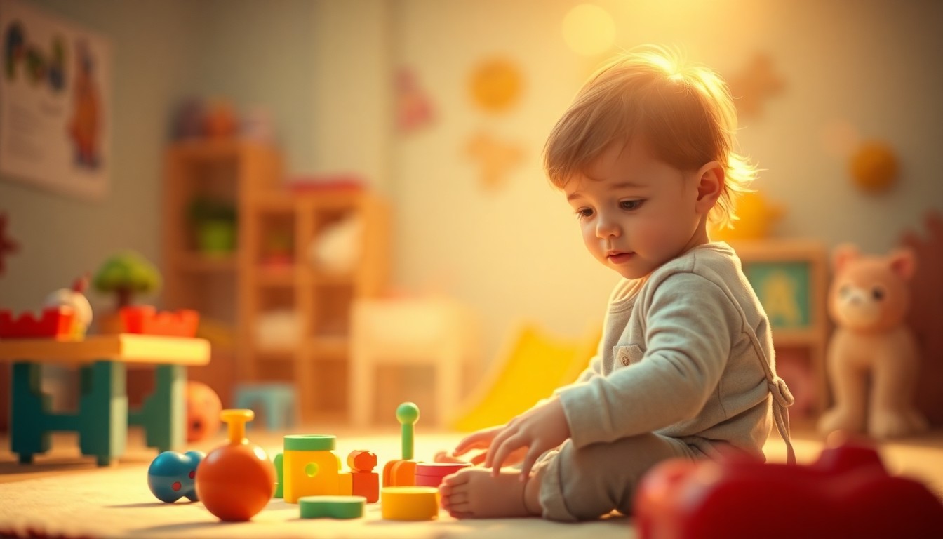 An abstract, impressionistic photograph of a child playing with toys in a daycare setting, with soft, blurred shapes and pools of warm, vibrant color creating a dreamlike, intimate mood.