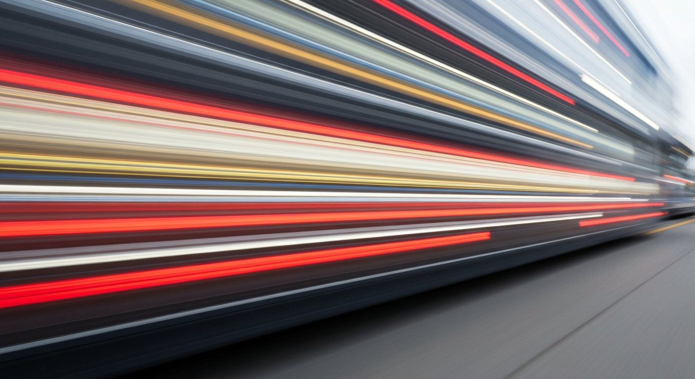 An abstract, colorful image of a moving vehicle, its form blurred into sweeping brushstrokes that convey a sense of speed, energy, and modern engineering.