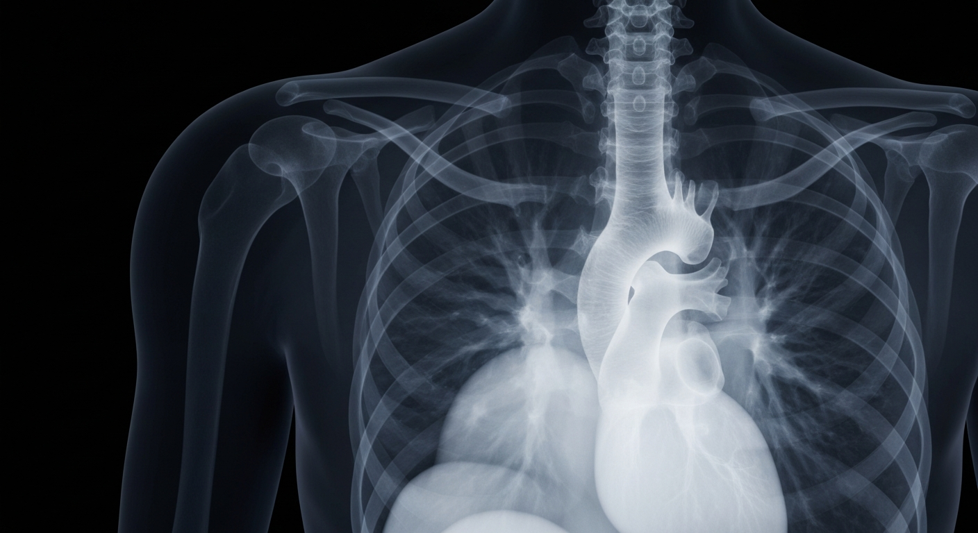 A ghostly, translucent X-ray photograph showing the internal structures of a human chest cavity, with the heart and lungs visible as faint, glowing outlines against a dark background, conveying a sense of clinical examination and medical uncertainty.