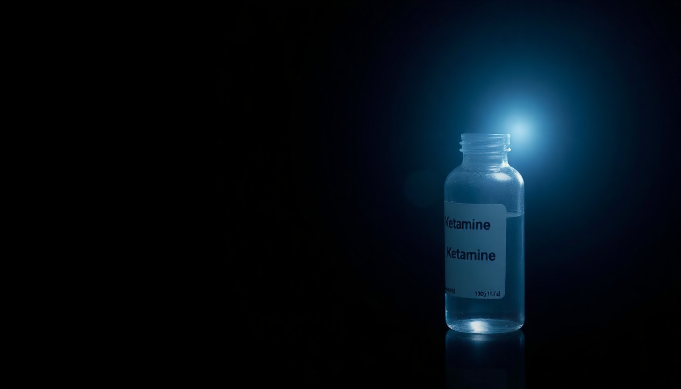 An extreme close-up photograph of a single vial of white powder against a pitch-black background, creating a stark, gritty, investigative aesthetic that conceptually represents the illicit drug trade and its tragic consequences.