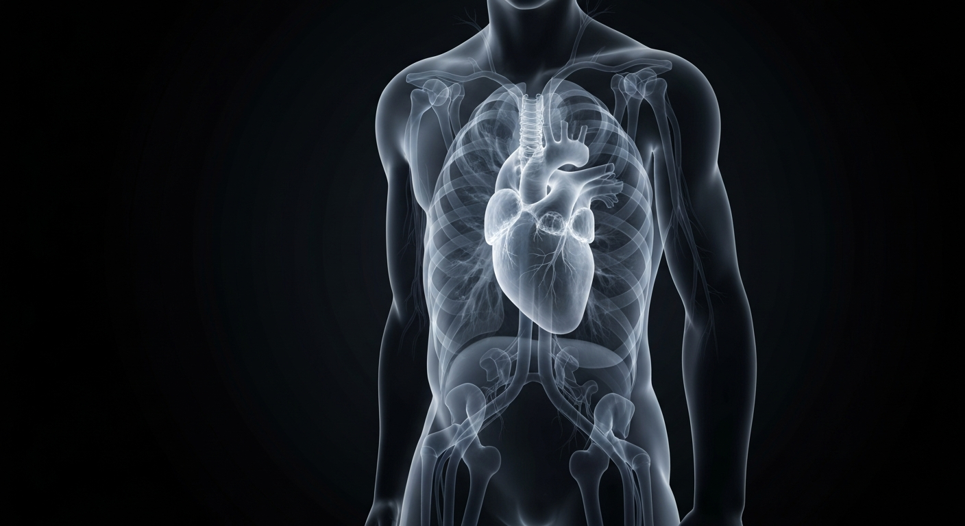 A ghostly, translucent X-ray image revealing the internal structures of the human heart, lungs, and circulatory system, glowing against a dark background to symbolize the free health screenings offered at the Southern University event.