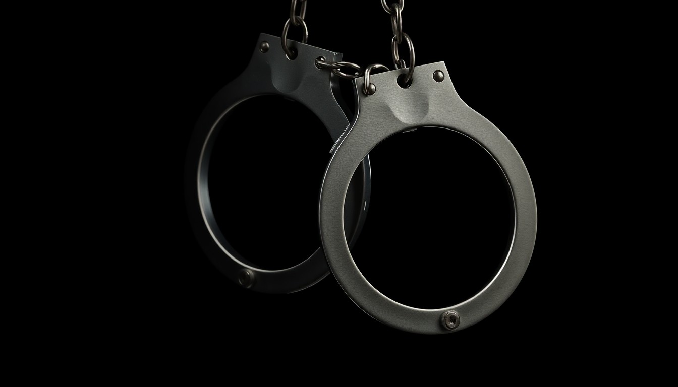 An extreme close-up photograph of a pair of handcuffs against a stark, black background, capturing the gritty, investigative nature of this crime story.