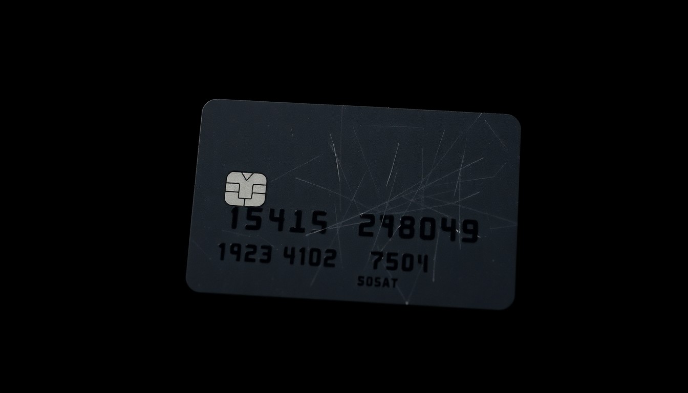 An extreme close-up photograph of a debit card with a scratched and worn surface, reflecting the harsh lighting of a direct camera flash against a pitch-black background, conceptually representing the violation of personal financial security.