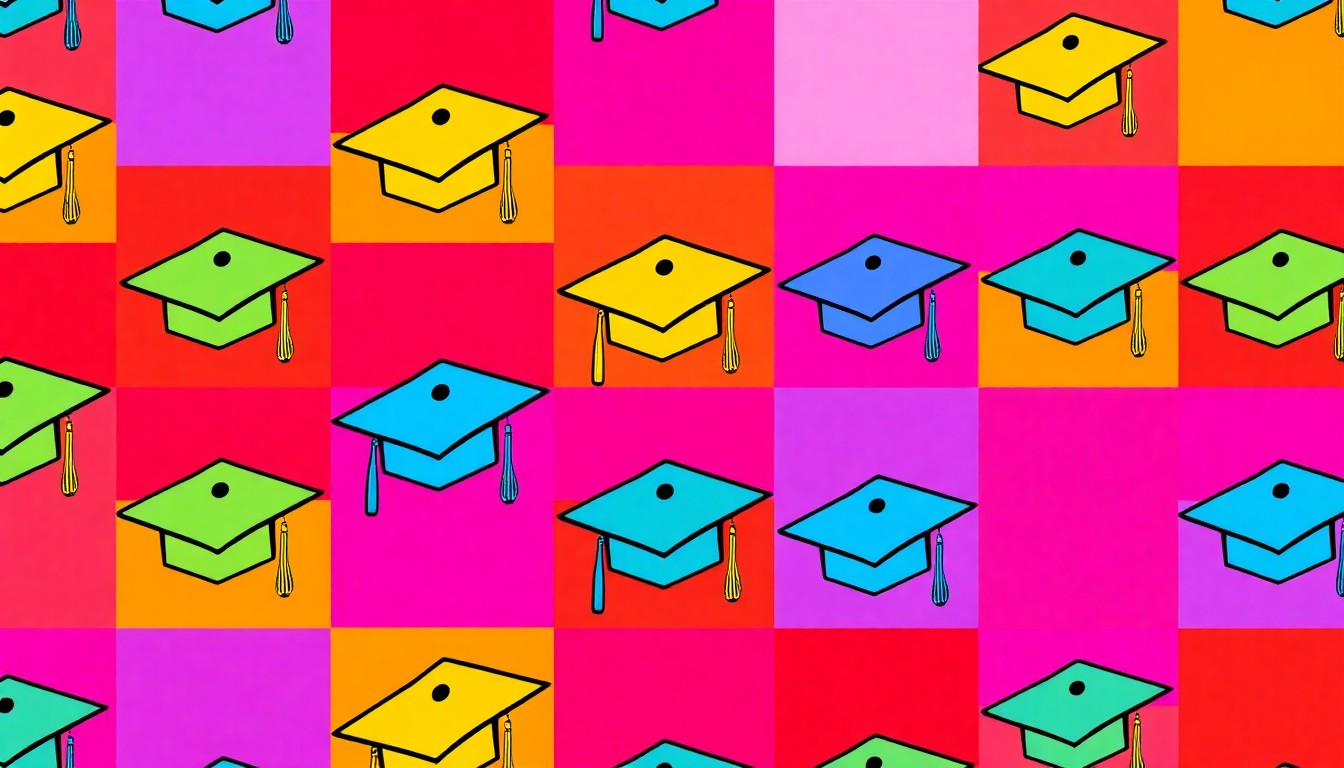 A bold, colorful silkscreen-style illustration featuring a repeated icon of a graduation cap in a grid pattern, conveying the celebratory energy of an academic inauguration ceremony.