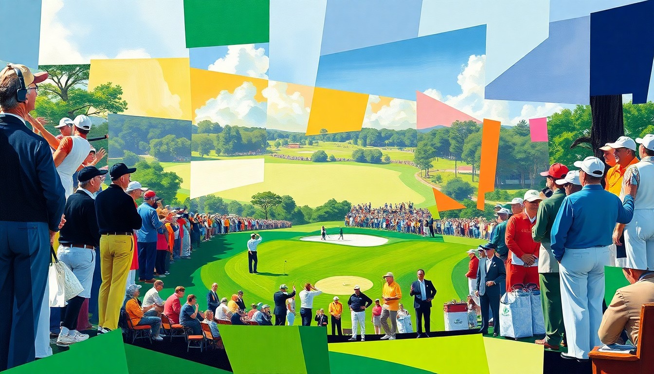 A vibrant, cubist-style painting depicting the Masters Par 3 Contest, with abstracted figures of golfers, caddies, and spectators set against the iconic Augusta National landscape.