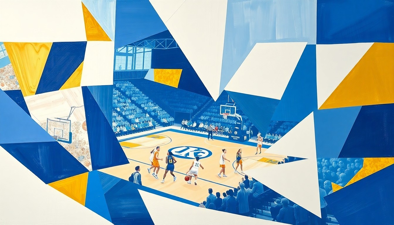 A fragmented, geometric painting depicting a women's basketball game, with sharp planes of blue, white, and gold representing the dynamic energy of the sport.