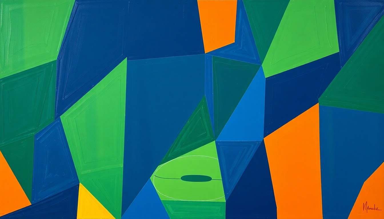 A cubist, geometric painting depicting the dynamic movements and energy of a girls' high school basketball game, with sharp planes of navy, green, and orange intersecting to create a sense of motion and intensity.