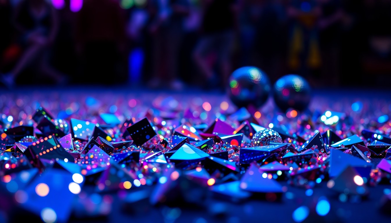 An extreme close-up photograph of shattered glass shards from a disco ball, reflecting bright bursts of light and color to evoke the energy and excitement of a lively music festival.