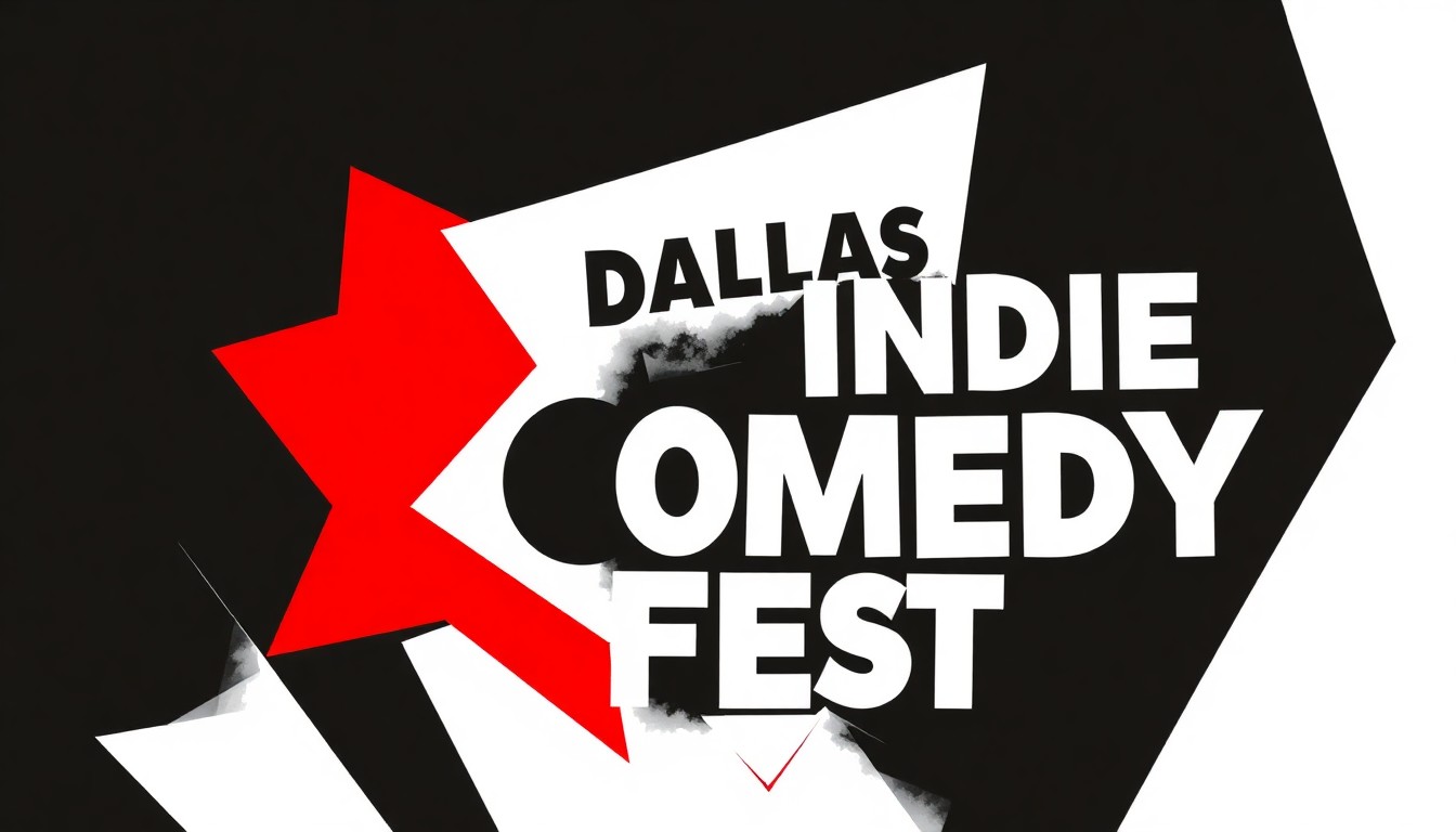 An abstract, minimalist illustration featuring bold, jagged shapes in black, white, and red, capturing the energy and creativity of the Dallas Indie Comedy Fest.