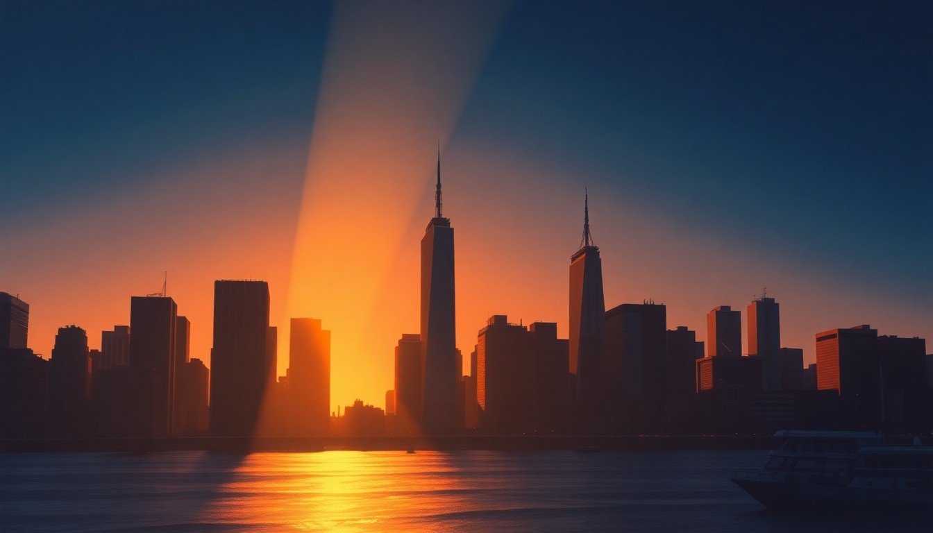 A serene, cinematic painting of the New York City skyline at dusk, with the city's iconic skyscrapers and bridges bathed in warm, golden light and deep shadows, conceptually representing the complex public opinion toward the new mayor.