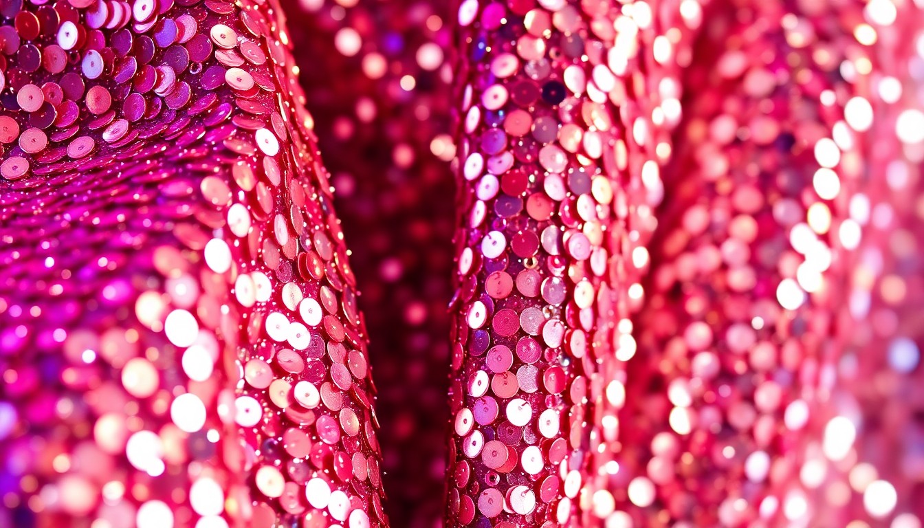 An abstract close-up photograph featuring a dramatic, high-contrast composition of shimmering, glittering sequins and metallic textures, capturing the luxurious, high-fashion aesthetic of Quenlin Blackwell's social media stardom.