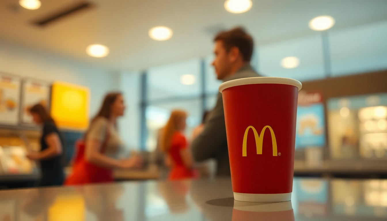 An extremely abstracted, out-of-focus photograph of a McDonald's counter, with blurred figures in the background and a single coffee cup in the foreground, bathed in warm, golden light, conceptually representing the kind and compassionate presence of a cherished employee.