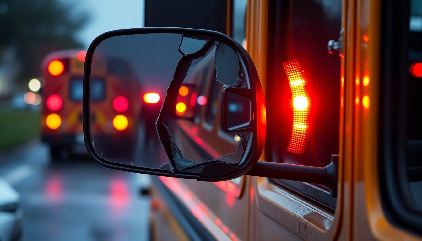 An extreme close-up photograph of a damaged school bus side mirror reflecting the flashing lights of emergency vehicles, conceptually illustrating the sudden and serious nature of a school bus accident.