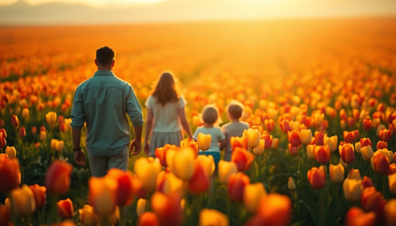 An abstract, impressionistic photograph of a family walking through a field of blooming tulips, with the flowers and people blurred into soft, colorful shapes and pools of light.
