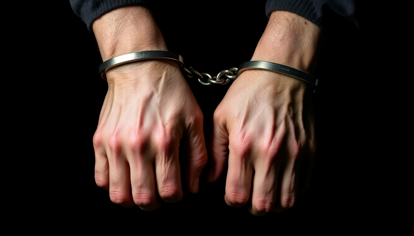 An extreme close-up photograph of a pair of handcuffed hands against a pitch-black background, lit by a harsh, direct camera flash, conceptually illustrating the investigation into an alleged assault by an inmate on a deputy.
