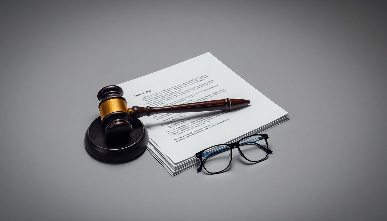 A high-end, photorealistic studio still-life photograph featuring a stack of legal documents, a gavel, and a pair of reading glasses arranged elegantly on a clean, monochromatic grey background, conceptually representing the serious, high-stakes nature of financial regulation and enforcement.