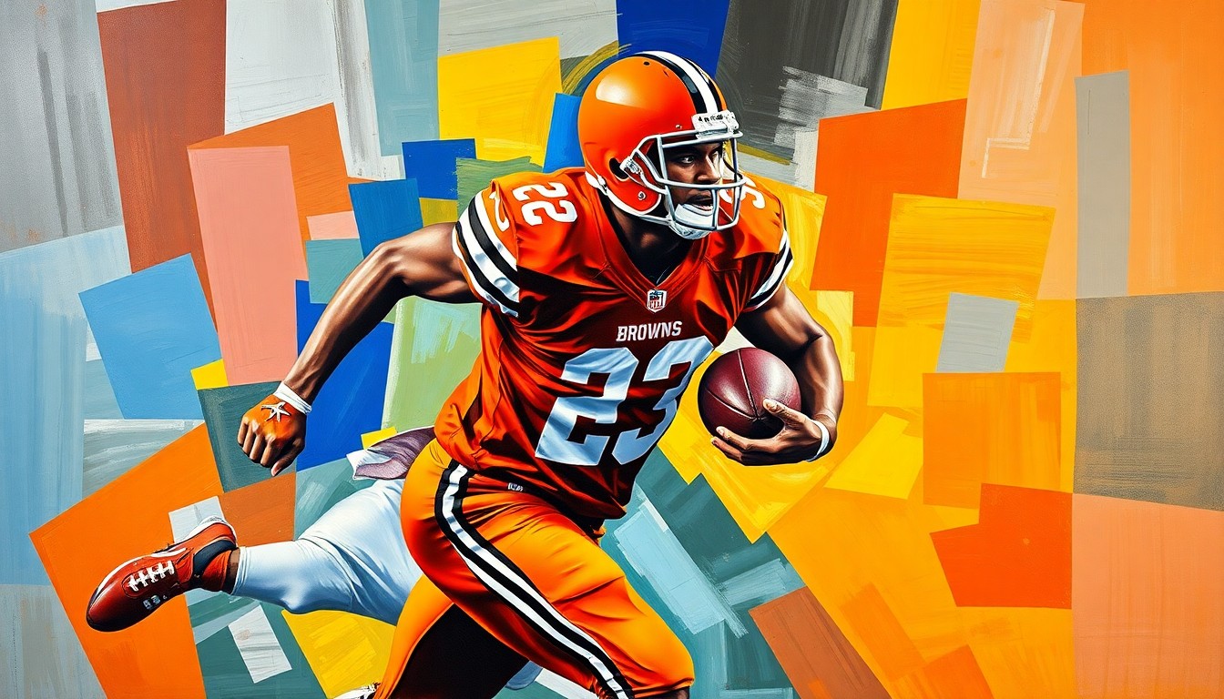 A fractured, cubist-style painting depicting a football player in mid-motion, with sharp geometric planes in the Browns' team colors of orange and brown, conceptually representing the team's efforts to rebuild their offense around a young quarterback.