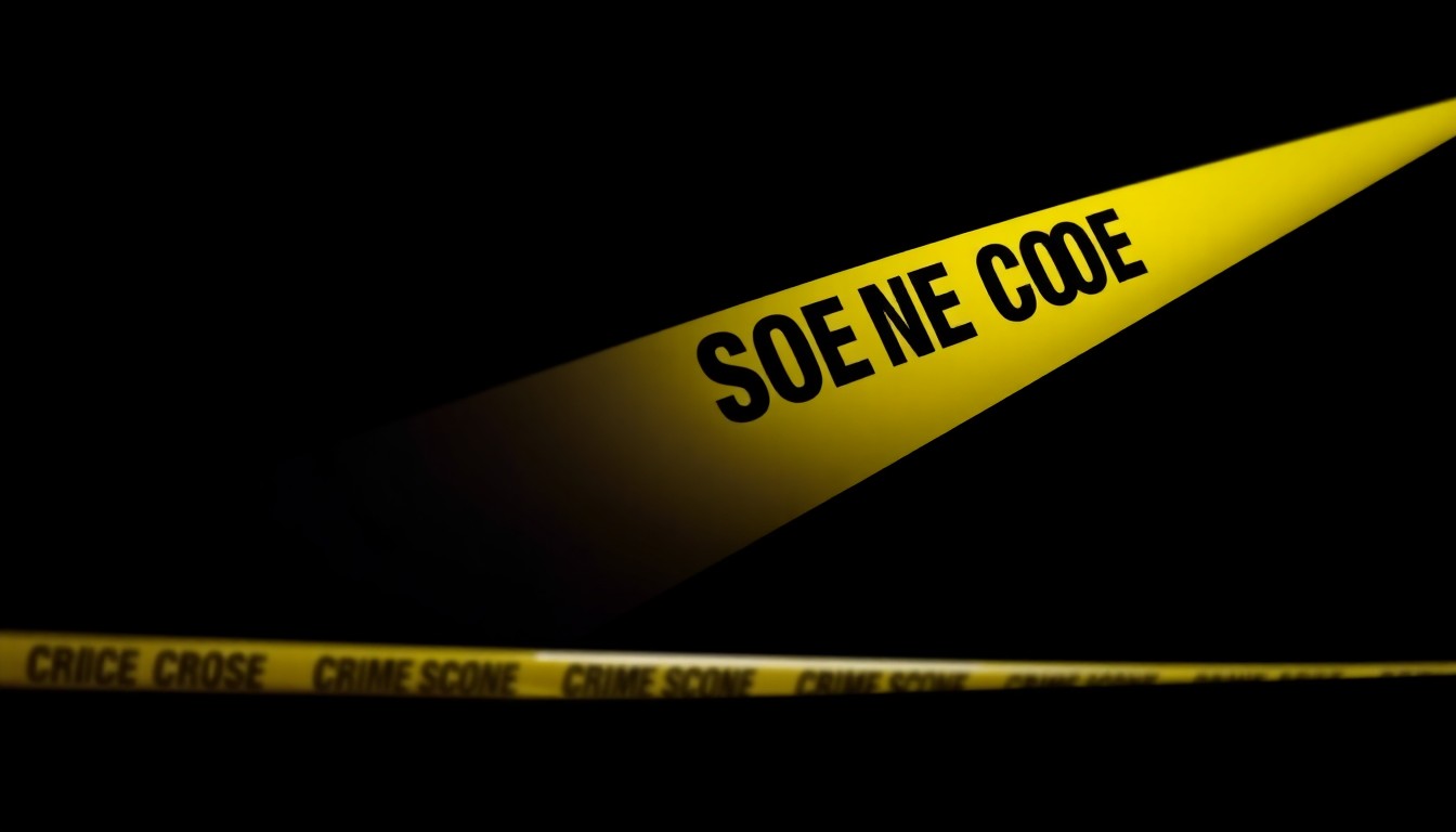 An extreme close-up of yellow and black police crime scene tape, the harsh flash creating a stark, gritty aesthetic that conceptually represents the serious nature of the ongoing incident in Fredonia.