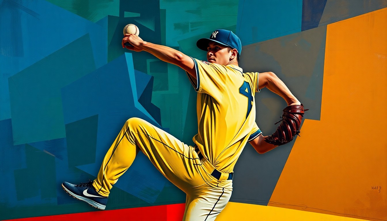 A cubist, geometric painting depicting a baseball pitcher's delivery, with sharp, overlapping planes of color representing the motion and energy of the sport.