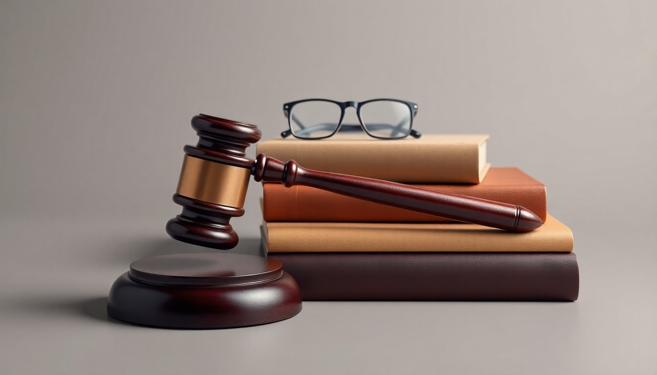A high-end, photorealistic studio still-life featuring a gavel, law books, and eyeglasses arranged elegantly on a clean, monochromatic background, conveying the precision, prestige, and intellectual rigor of the legal profession.