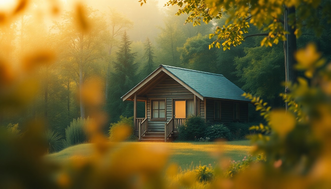 A blurred, out-of-focus photograph of a small cabin surrounded by greenery, conveying a sense of warmth, comfort, and sanctuary.