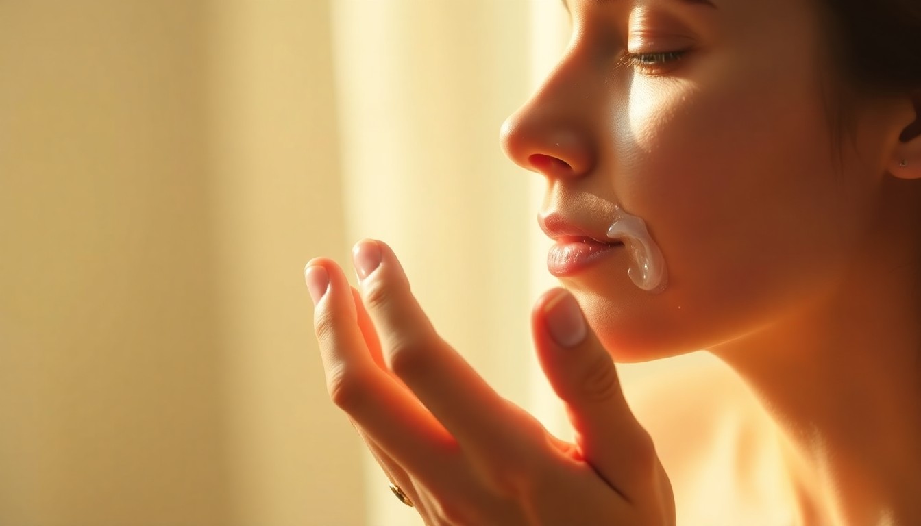 A blurred, impressionistic photograph of a woman's hand applying moisturizer to her face, surrounded by a warm, hazy glow of light, conveying a sense of relaxation and self-care.