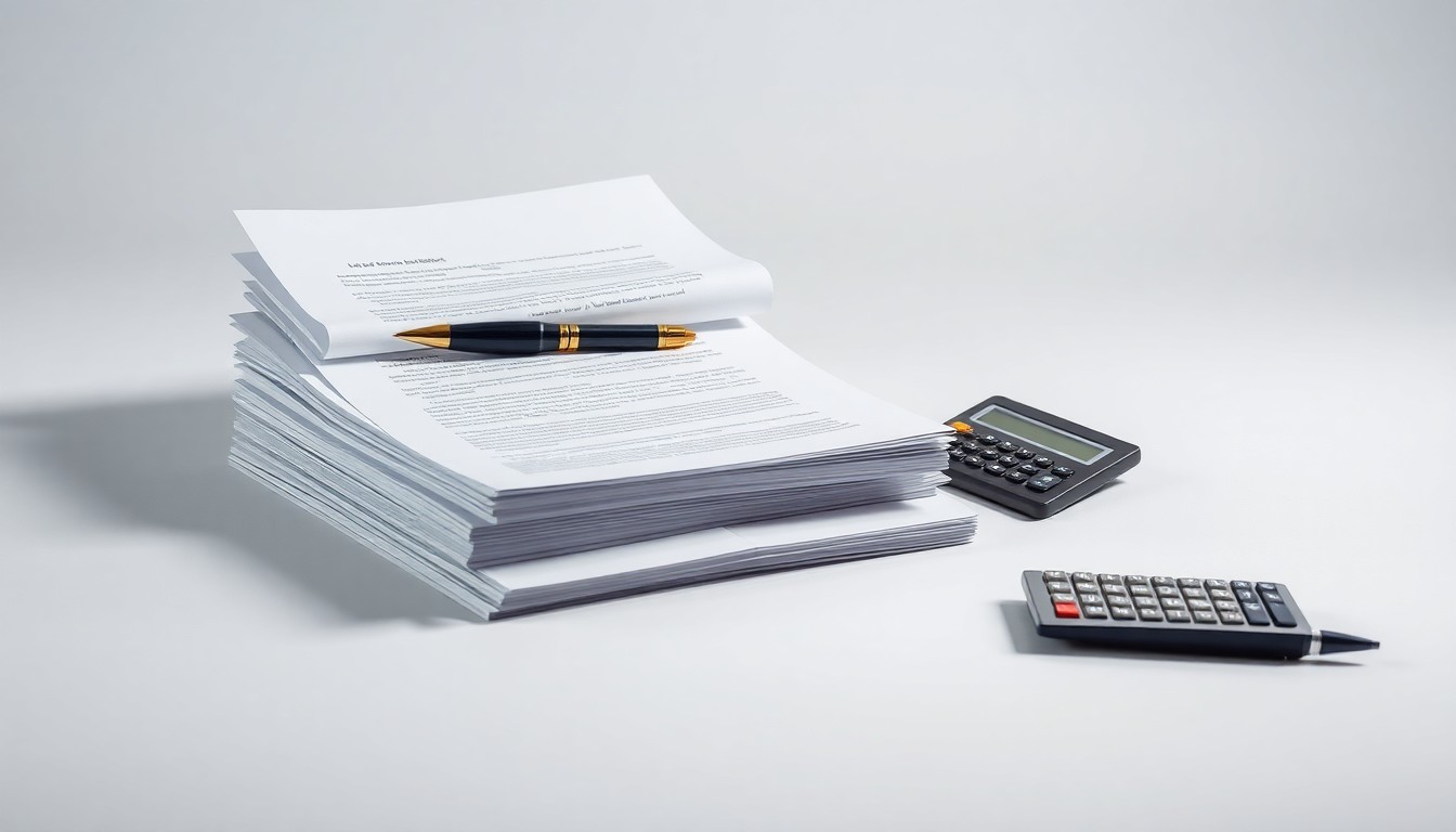 A minimalist studio photograph featuring a stack of legal documents, a pen, and a calculator arranged on a clean, monochromatic background, conveying the serious, analytical nature of a corporate securities investigation.