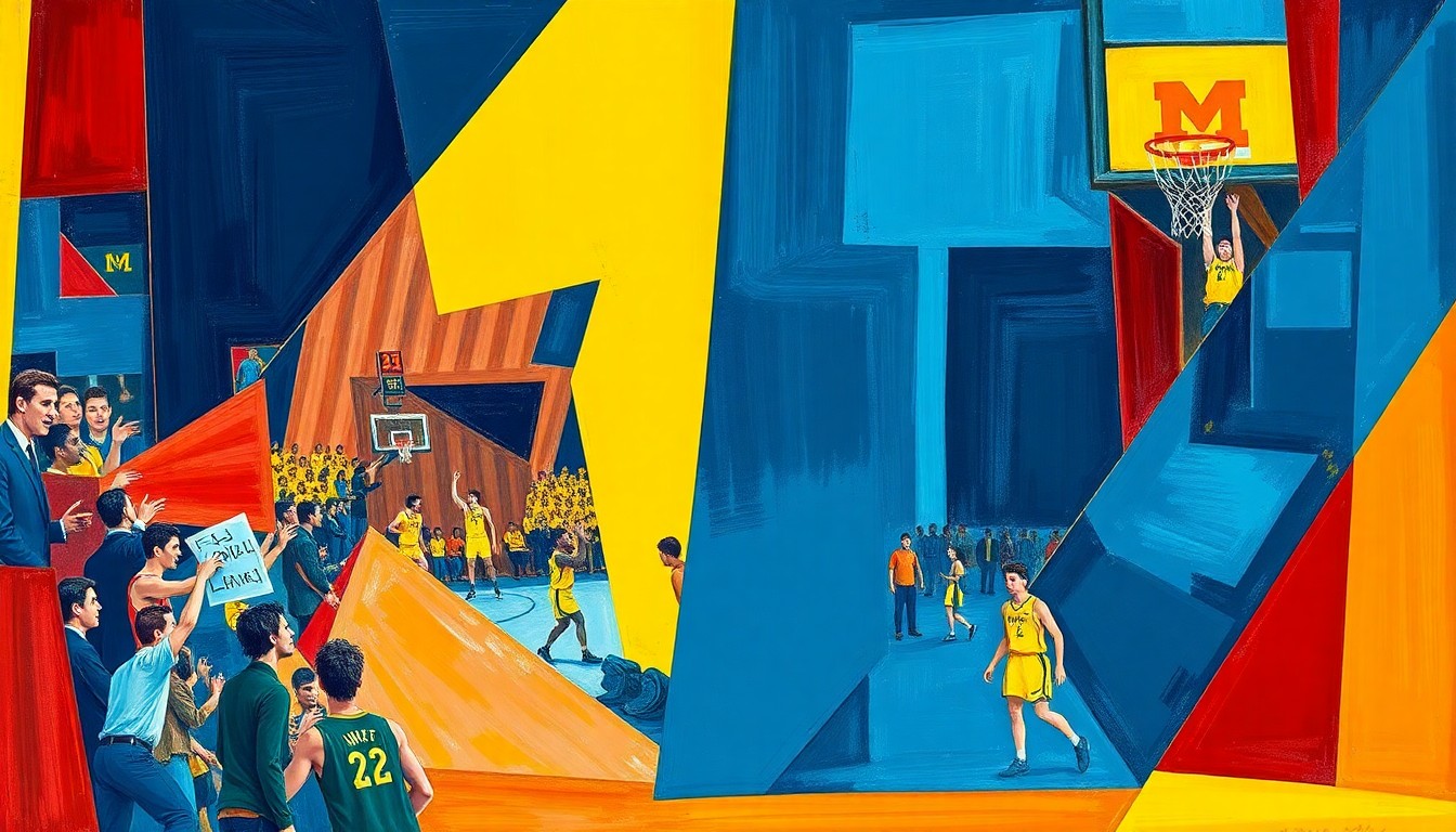 A cubist, geometric painting depicting a Michigan basketball game or celebration, with sharp, overlapping planes of maize, blue, and red colors representing the team's dynamic energy and coach Dusty May's vision for the program.