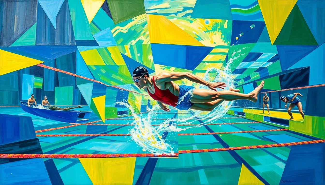 A cubist-style painting featuring overlapping geometric shapes and planes in shades of blue, green, and yellow, conceptually representing the dynamic movements and competition of a swimming or diving event.