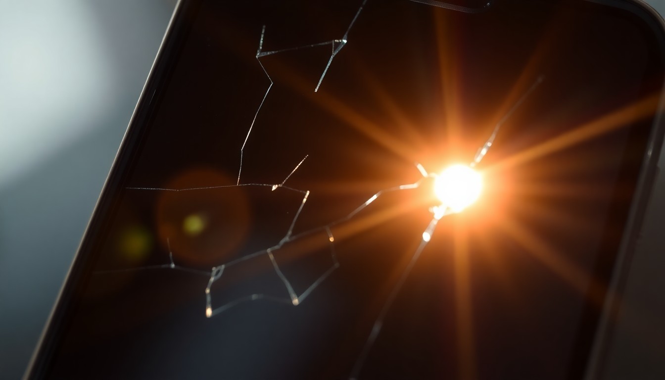 An extreme close-up of a cracked smartphone screen reflecting a harsh, direct camera flash, conceptually illustrating the vulnerability of personal information in a scam targeting the local community.