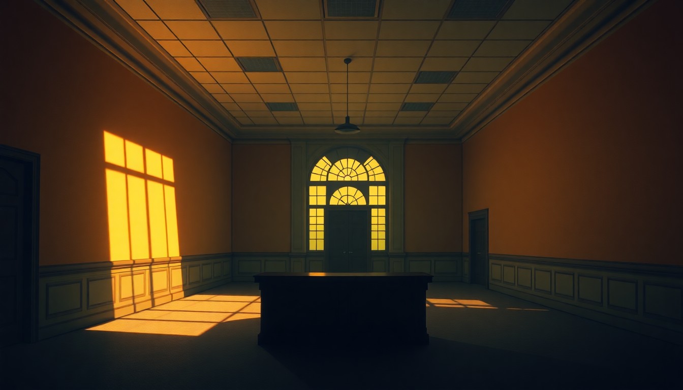 A dimly lit, cinematic interior scene of an empty government office or administrative building, with warm sunlight streaming through the windows and deep shadows cast across the walls and furniture, conveying a sense of solemnity and unease around the issues facing the Illinois Department of Human Services.