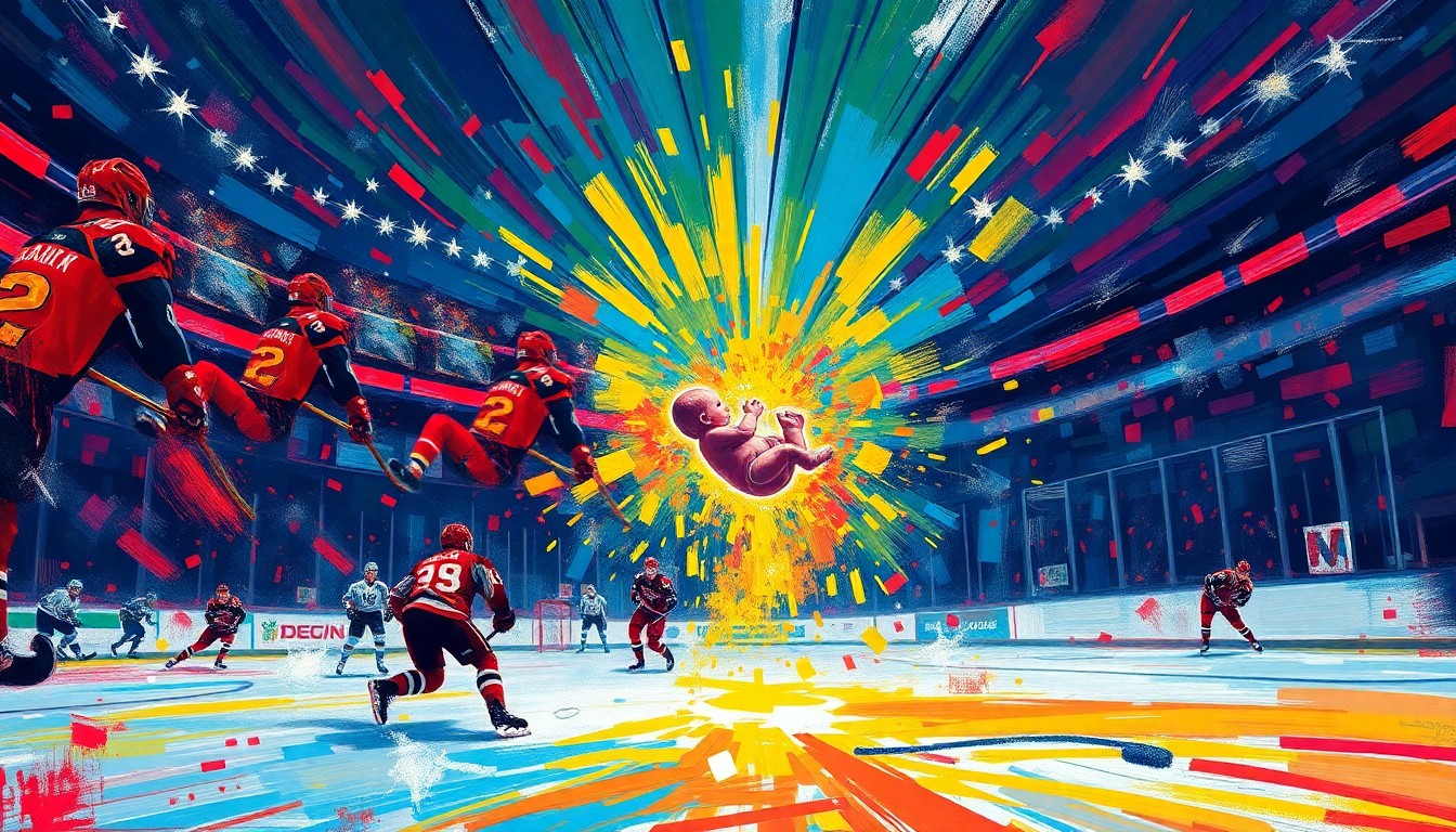An abstract, expressionist painting in vibrant neon colors depicting the chaotic energy of a hockey game, with a central figure representing a newborn baby emerging amidst the athletic action.