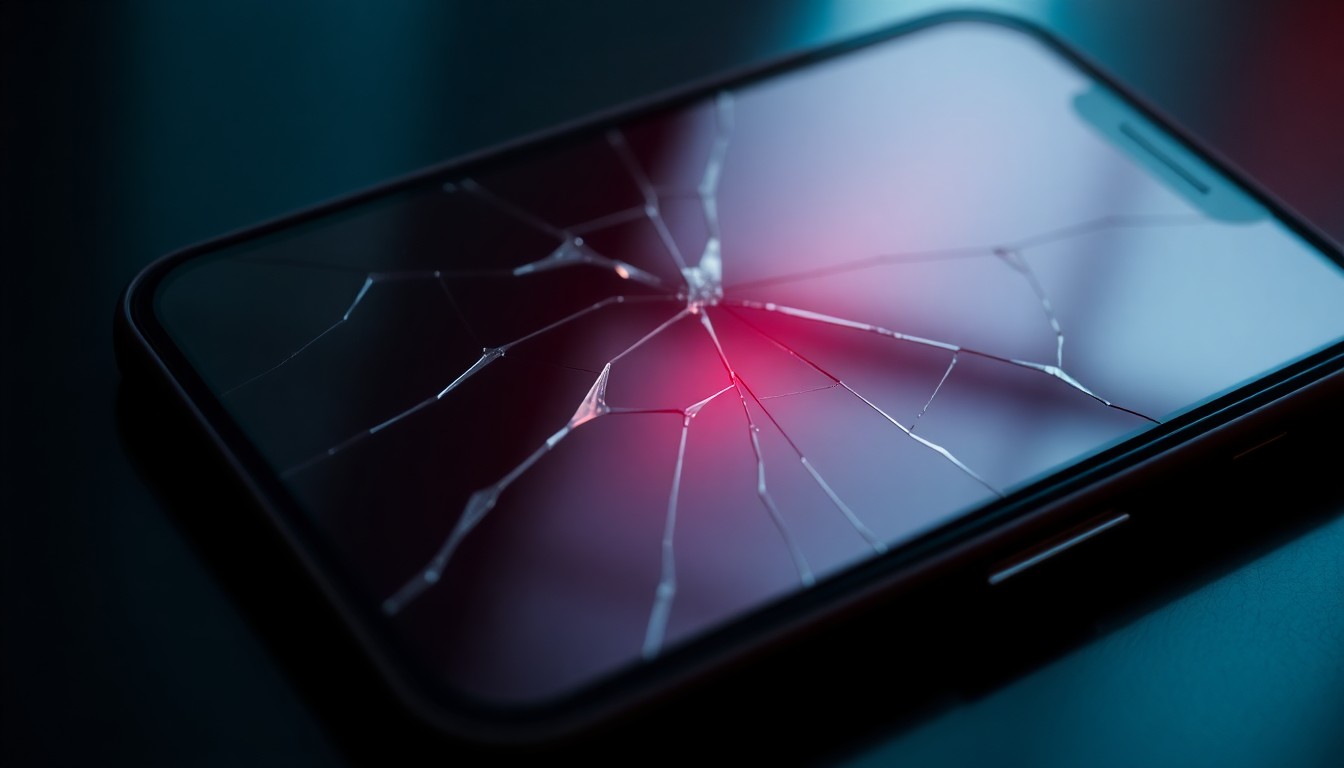 An extreme close-up photograph of a cracked smartphone screen reflecting a dim, red light, conceptually illustrating the harsh, gritty, and sudden nature of a law enforcement impersonation scam.