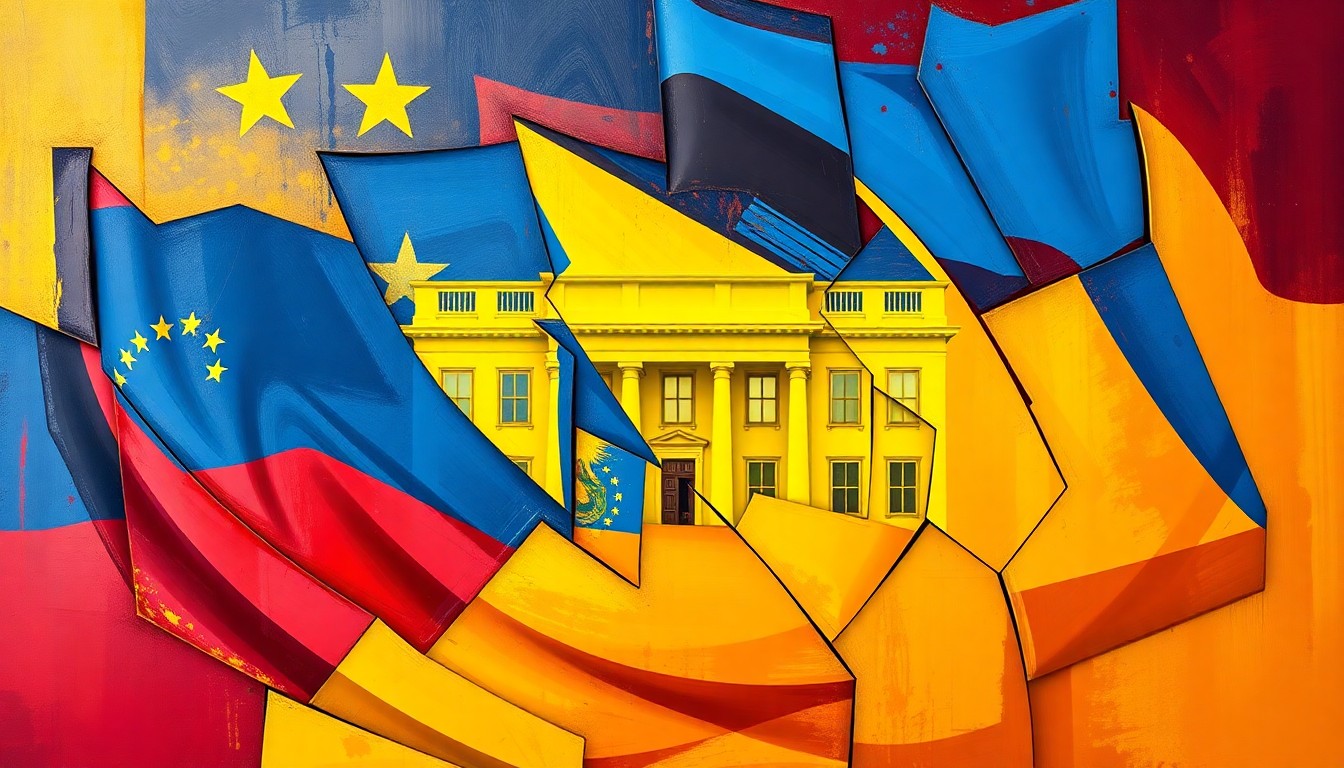 A dynamic, abstract painting featuring overlapping geometric shapes and brushstrokes in vibrant colors, representing the turbulent political situation in Venezuela.