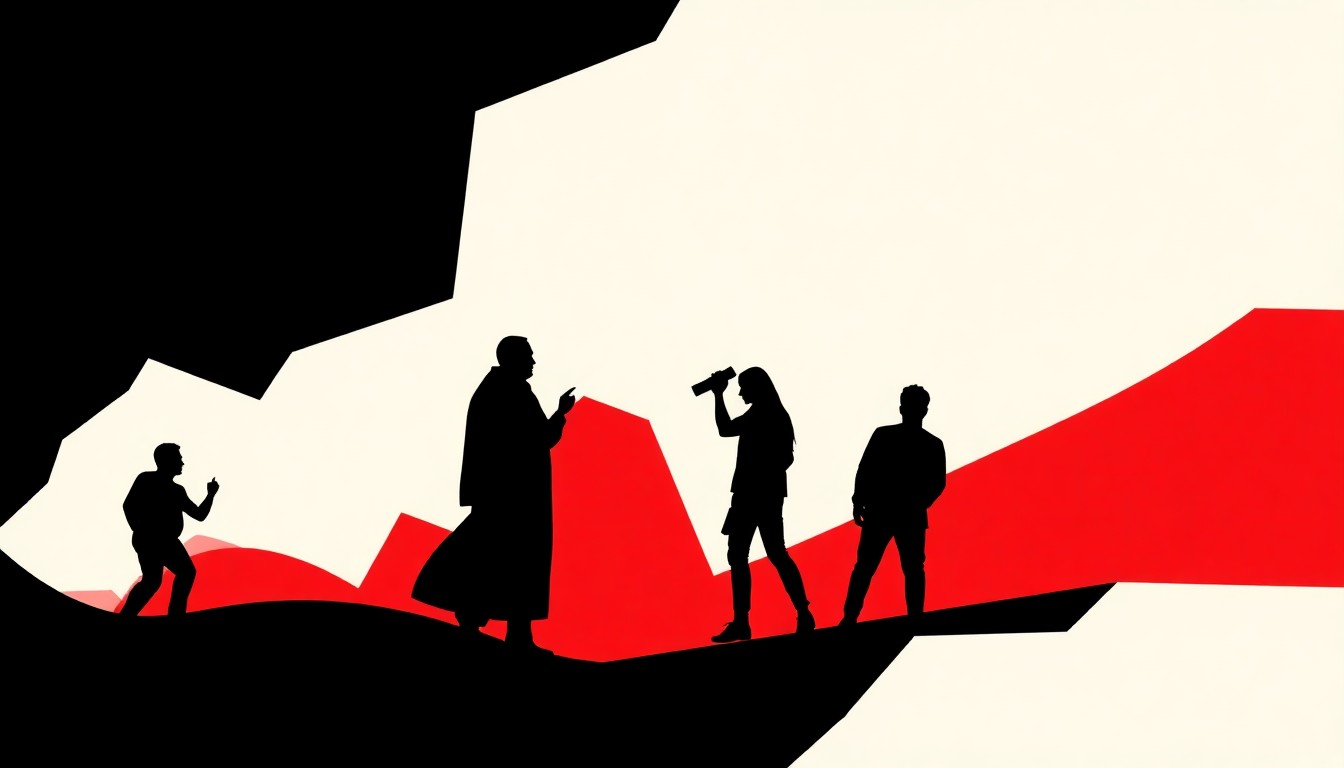 A bold, abstract composition of jagged geometric shapes and stark black silhouettes in high-contrast red and white, conceptually representing the creative energy and artistic achievements of young regional talent.