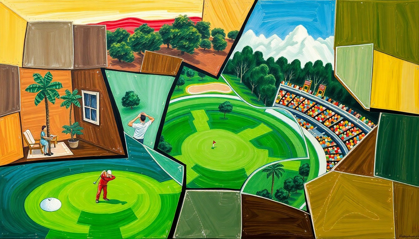 A cubist, geometric painting depicting a fractured golf course and wrestling ring, with sharp planes of green, brown, and blue creating an abstract, deconstructed visual representation of the crossover event.