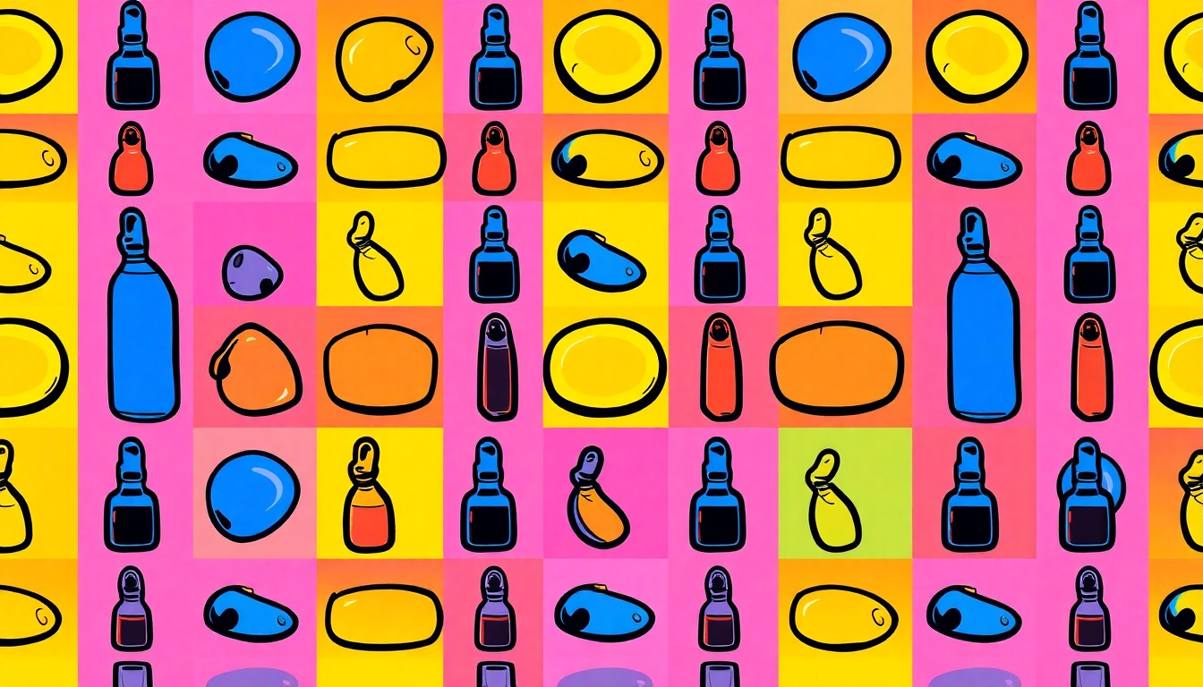 A brightly colored, high-contrast silkscreen print of a single, iconic sex work object like a condom or lubricant bottle, repeated in a tight grid pattern with flat, vibrant neon colors and heavy black outlines, conceptually representing the changing landscape of Nevada's legal sex industry.