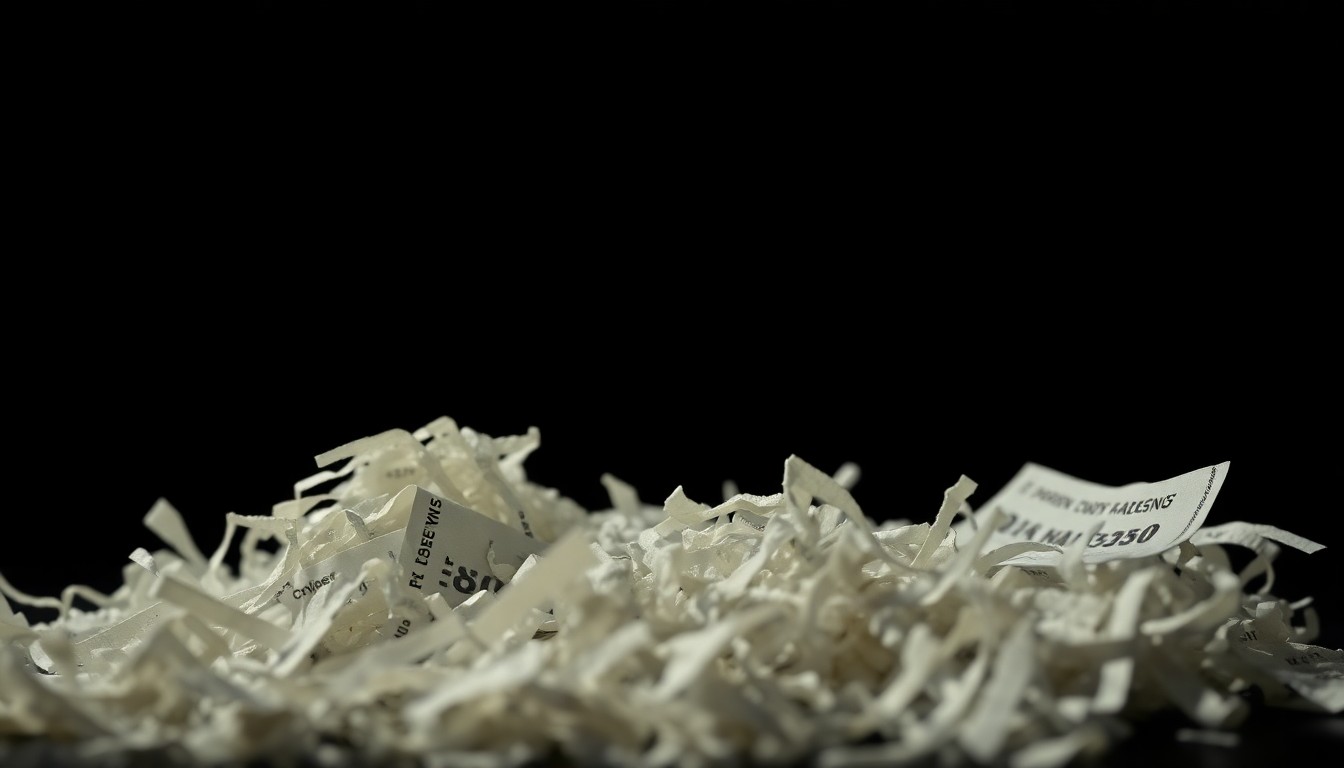 An extreme close-up of a shredded financial document reflecting the harsh light of a camera flash, conceptually illustrating the investigation into misappropriation of public funds.