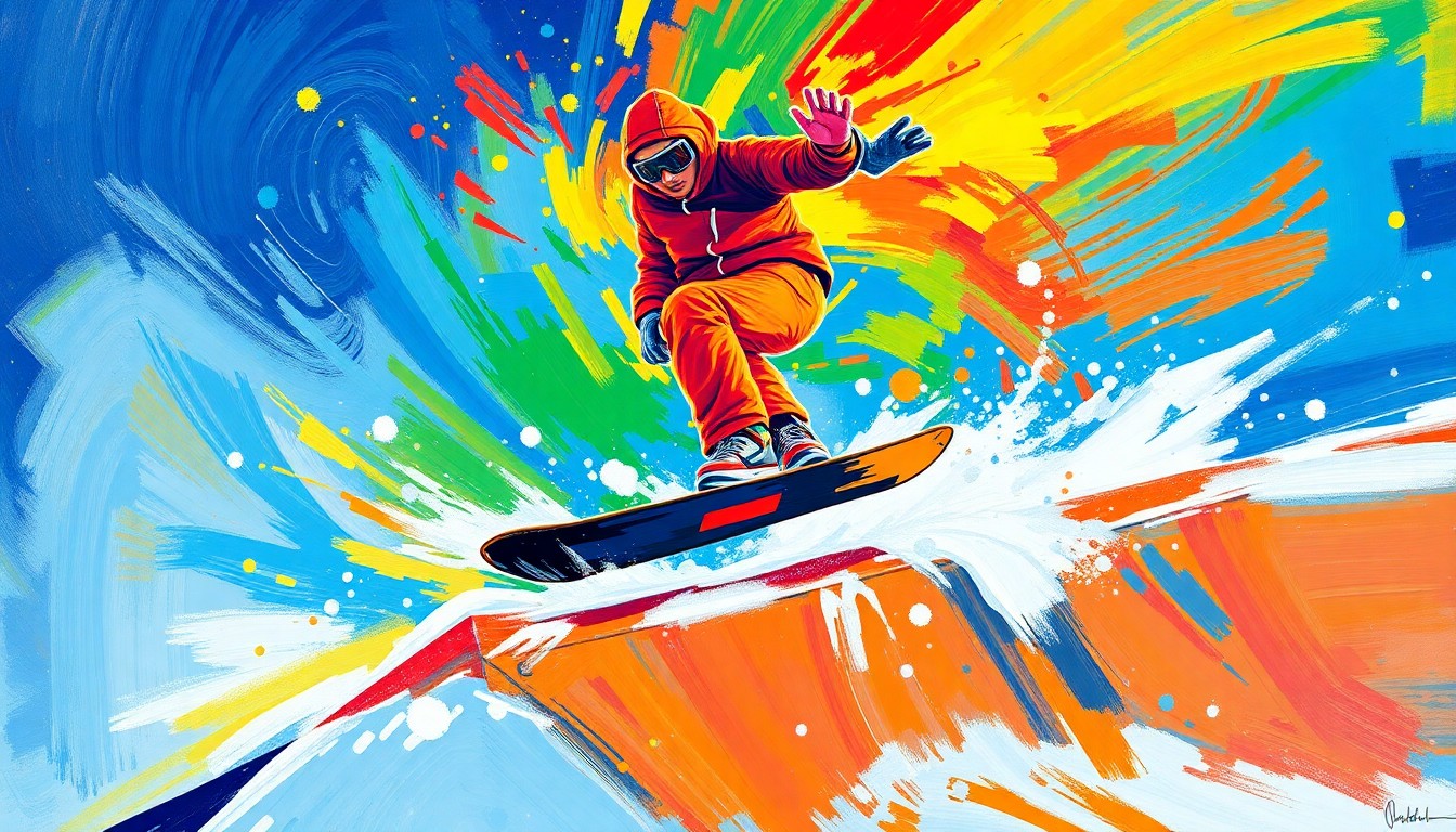 A dynamic, abstract painting in neon colors featuring bold, expressive brushstrokes that capture the fluid motion and raw power of a snowboarder performing a trick, conveying the essence of the sport without any identifiable elements.