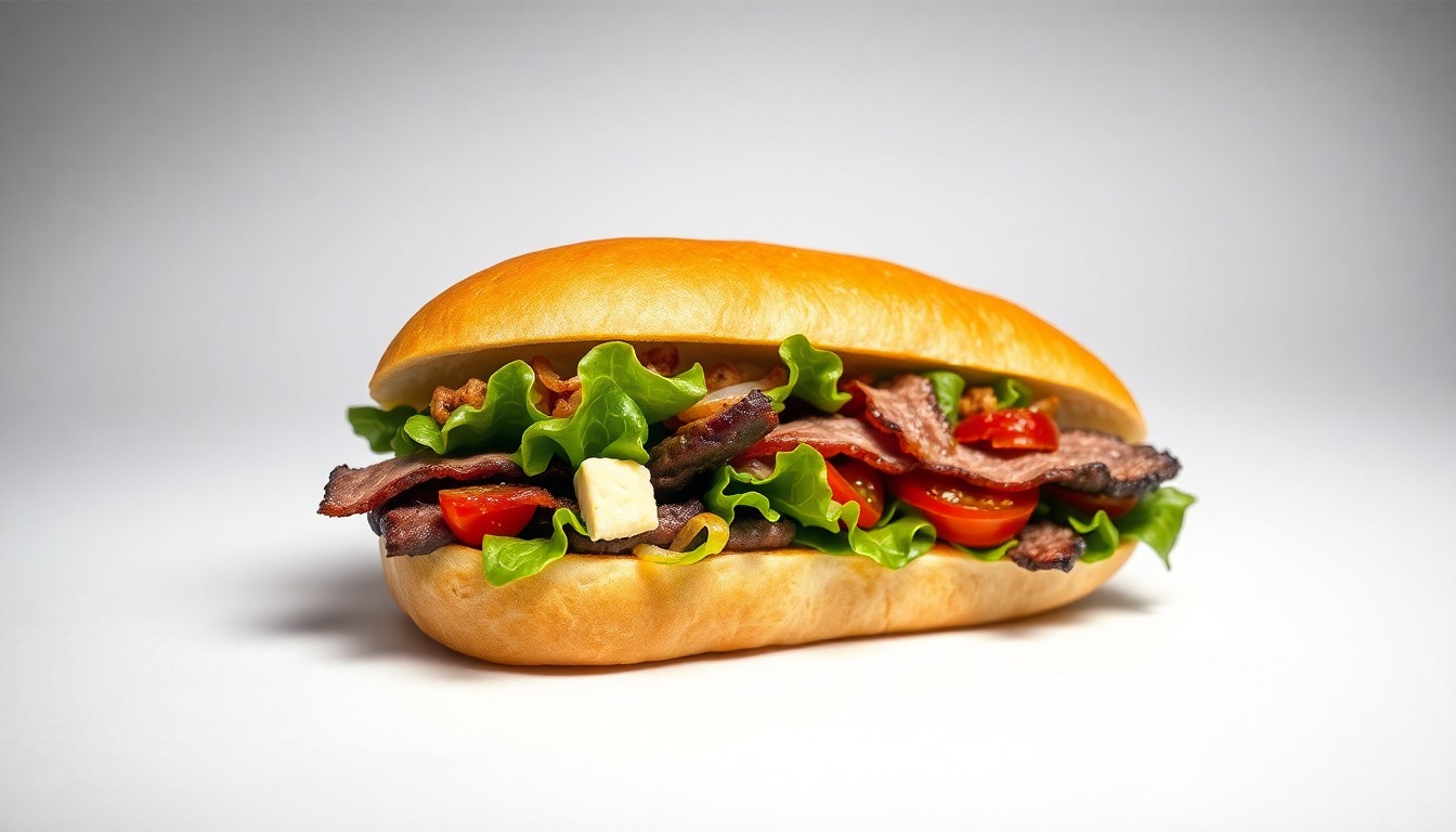 A photorealistic studio still life showing a freshly prepared Steakhouse Salad Stuffer - a soft Italian bread roll stuffed with crisp romaine, tender marinated steak, applewood smoked bacon, gorgonzola, pickled red onions, grape tomatoes, and crispy frizzled onions, arranged elegantly on a clean white background with dramatic studio lighting.