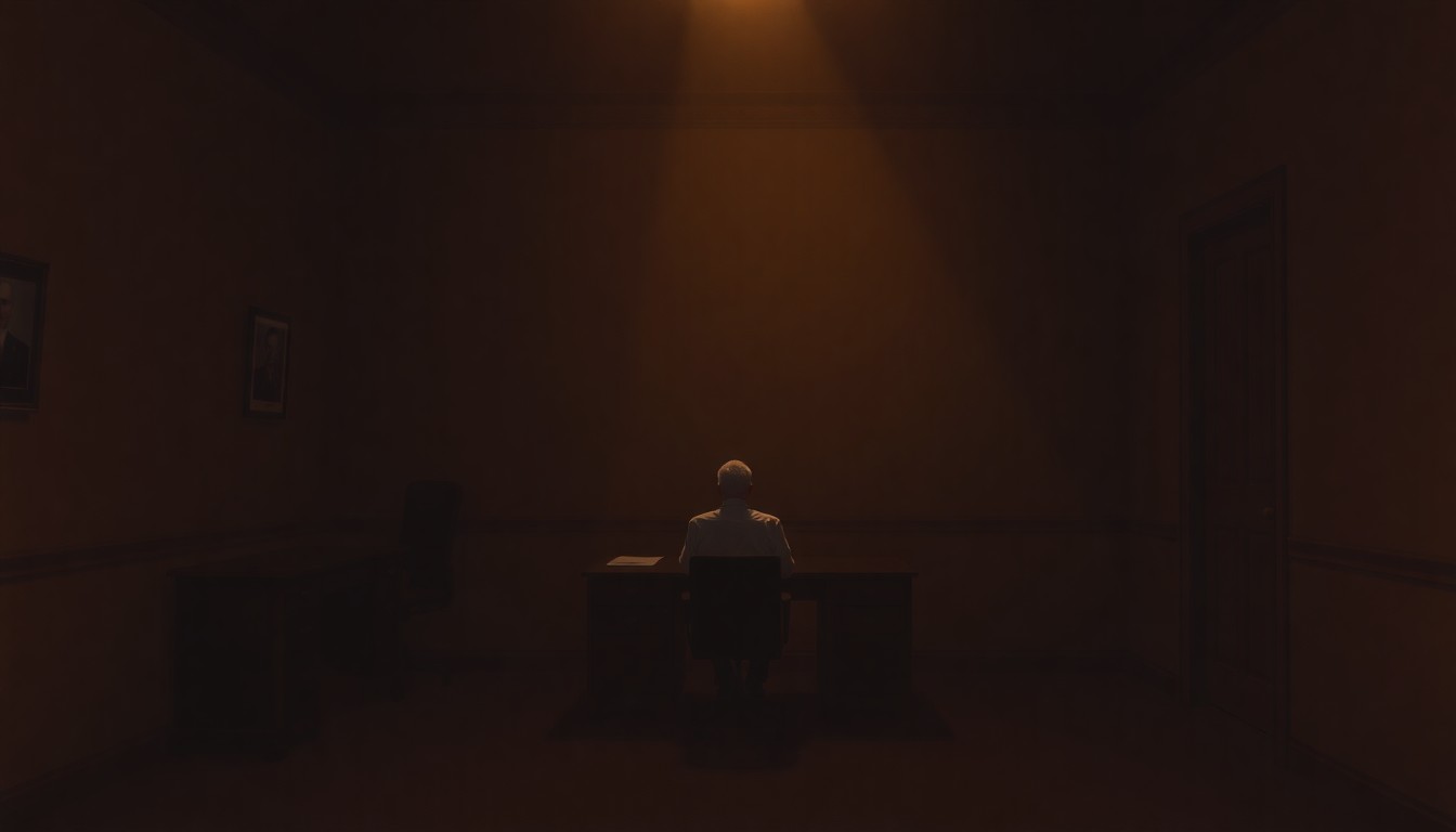 A cinematic painting depicting a solitary political figure sitting alone in a dimly lit office, with warm sunlight and deep shadows creating a pensive, nostalgic mood.