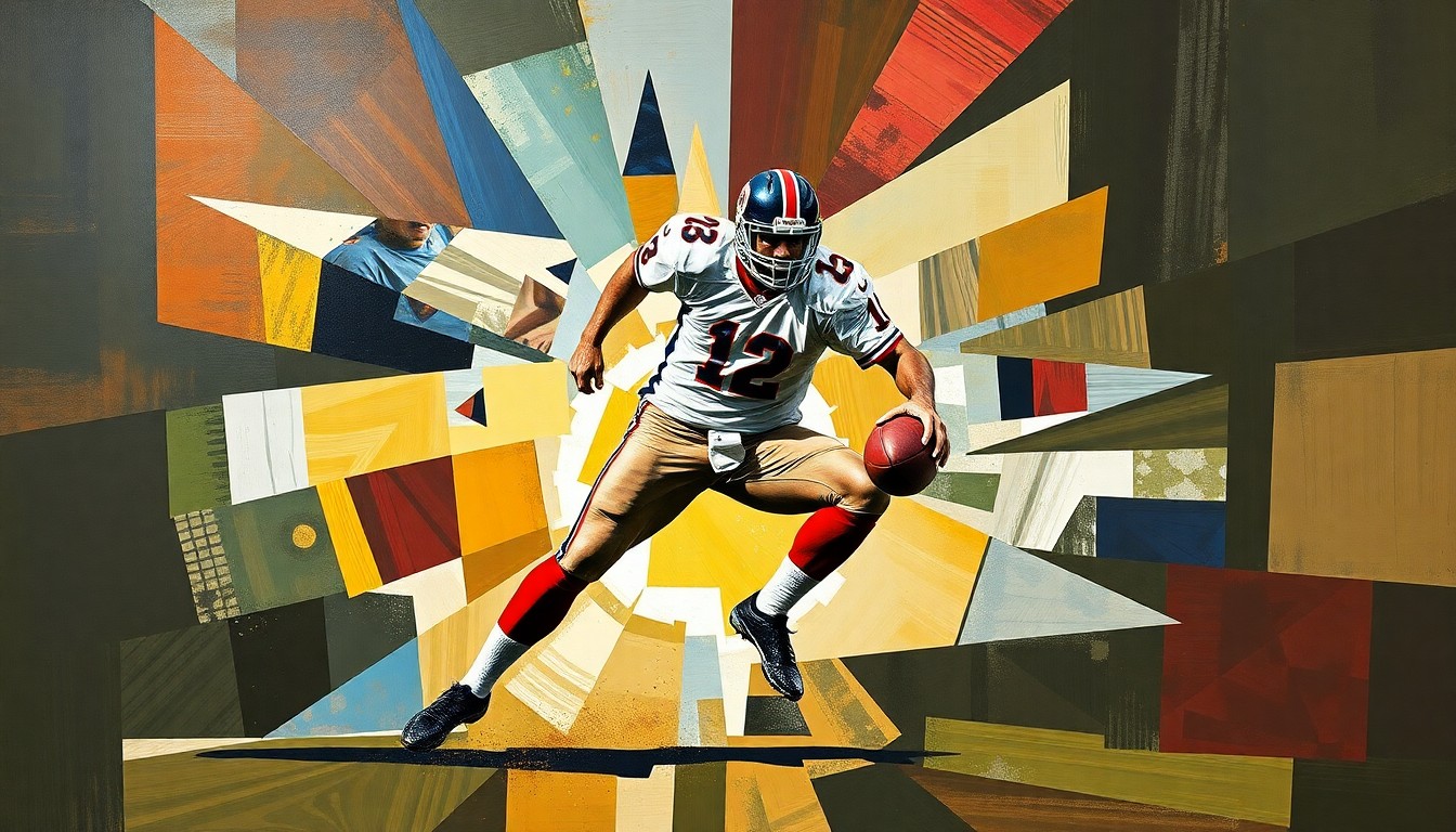 A cubist-style painting depicting a football player in motion, broken down into sharp, overlapping geometric shapes in a vibrant color palette.
