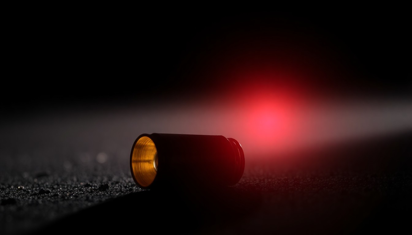 An extreme close-up photograph of a spent shell casing on the ground, the harsh flash creating dramatic shadows and textures to convey the serious, investigative nature of the incident.