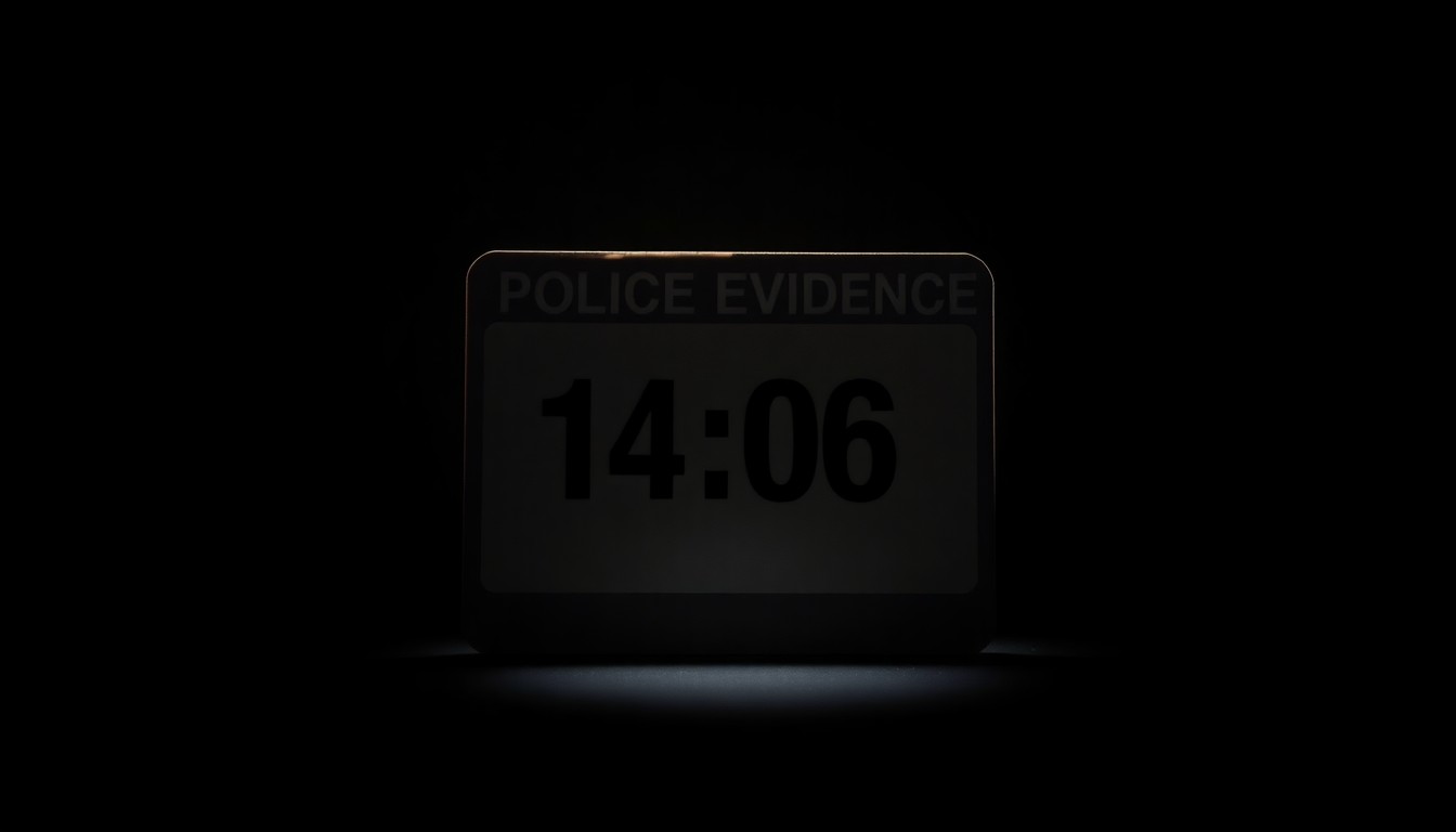An extreme close-up photograph of a single police evidence marker, such as a numbered placard, lit by a harsh, direct camera flash against a pitch-black background, conceptually illustrating the investigative nature of a homicide case.