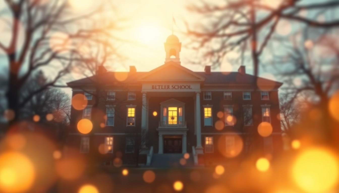 An abstract, impressionistic scene of a blurred, historic school building surrounded by a warm, hazy glow of soft light and color, conveying a sense of nostalgia and the potential for new life.